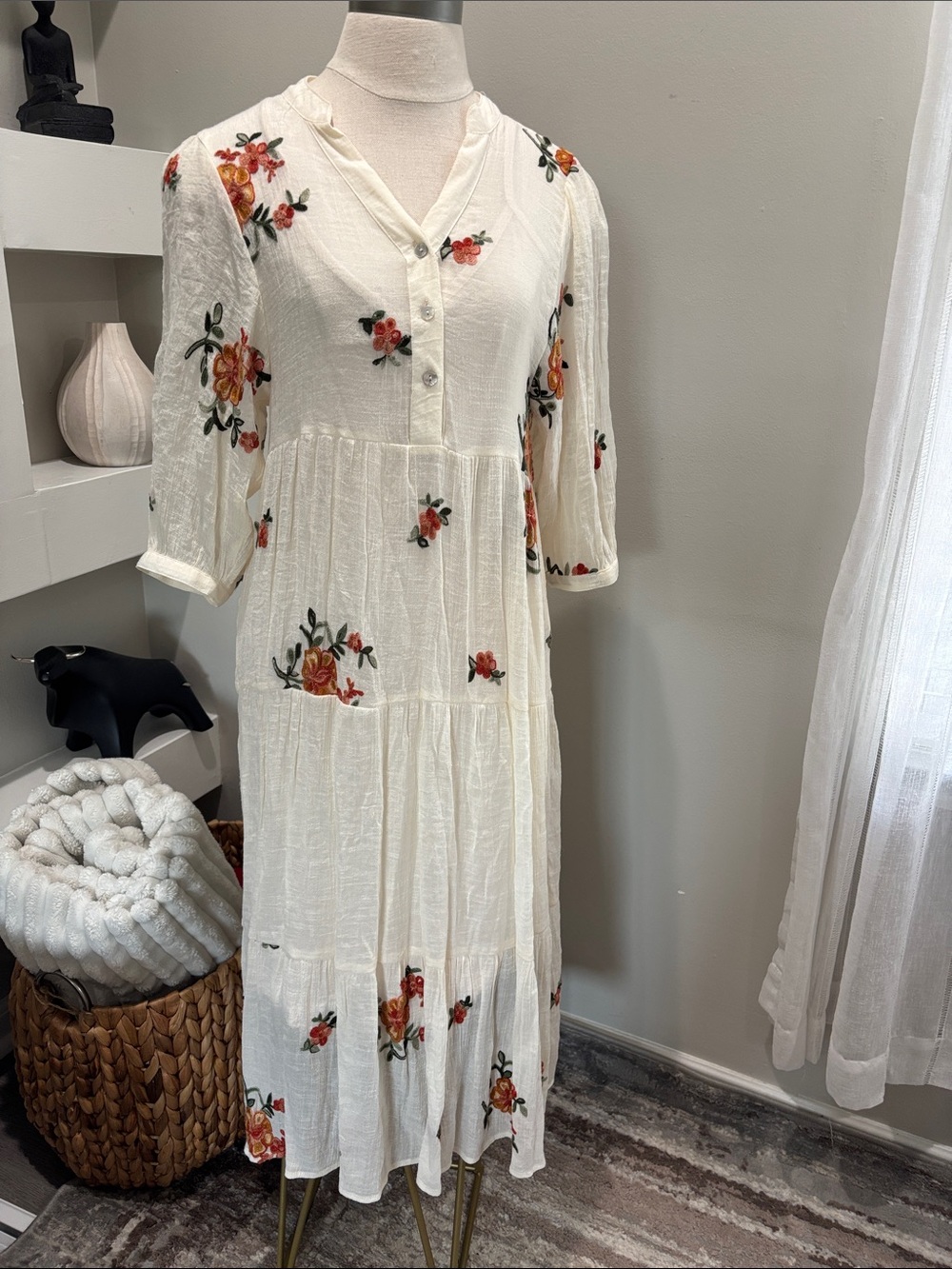 Ivory Floral Tiered Maxi Dress with Button-Front